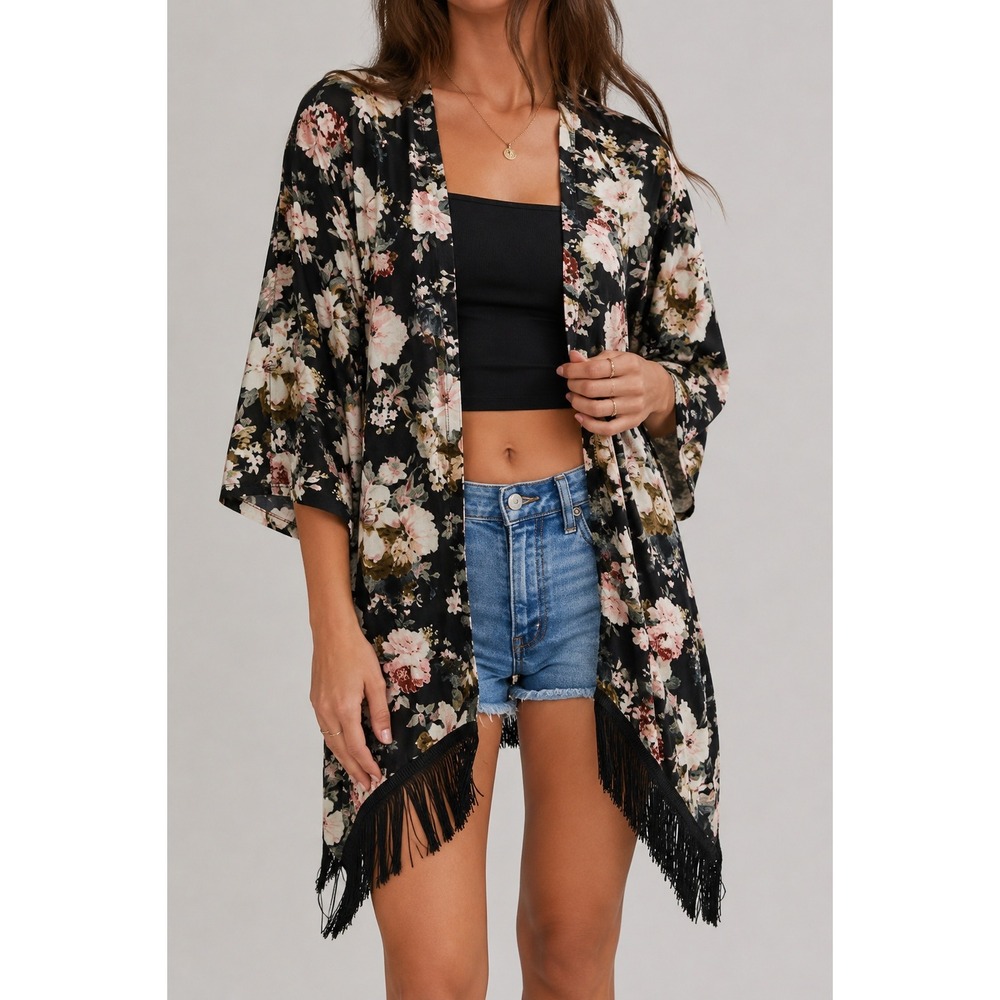 Ember Floral Kimono Women Black Pink Fringe Trim Boho Festival Wrap Cardigan M